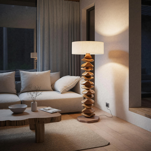 Handmade Sculptural Floor Lamp With Carved Base For Living Room
