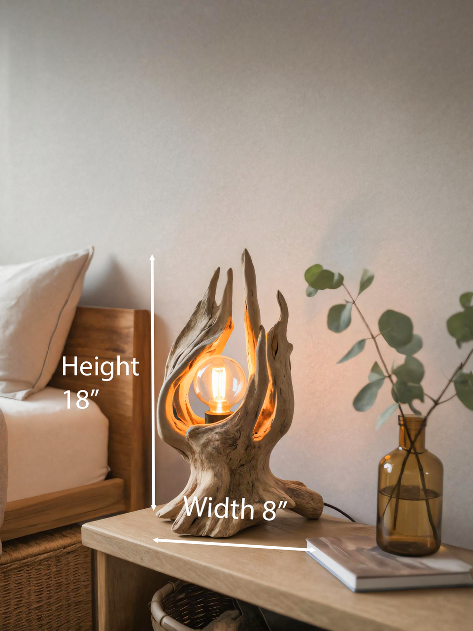 Rustic Driftwood Table Lamp With Exposed Bulb For Bedroom Or Living Room