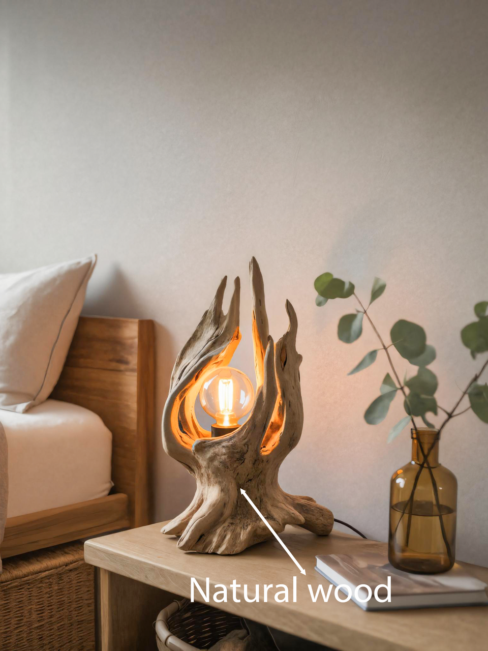 Rustic Driftwood Table Lamp With Exposed Bulb For Bedroom Or Living Room