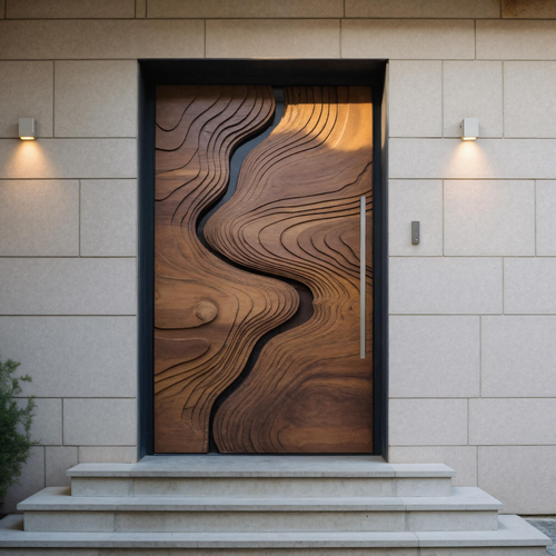 Modern Carved Front Door With Wave Design For Contemporary Home