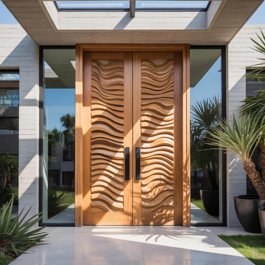 Modern Sculpted Double Door With Wave Carving For Luxury Entryway