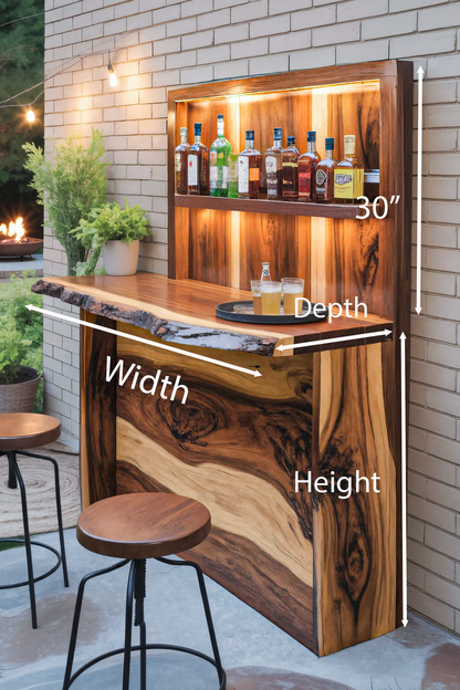 Rustic Live Edge Outdoor Bar Counter With Shelves For Patio