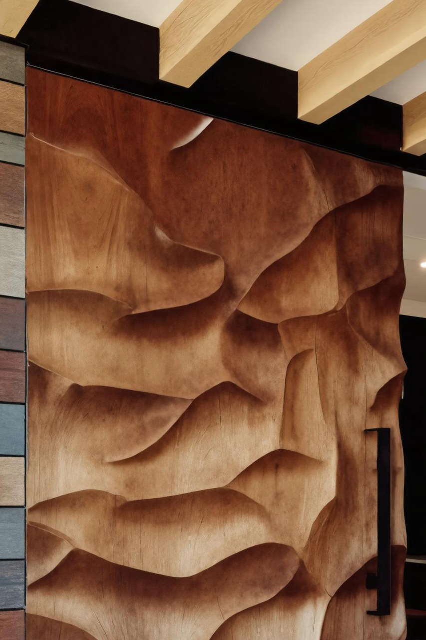 Modern Sculptural Carved Door With 3D Wave For Entryway Or Foyer