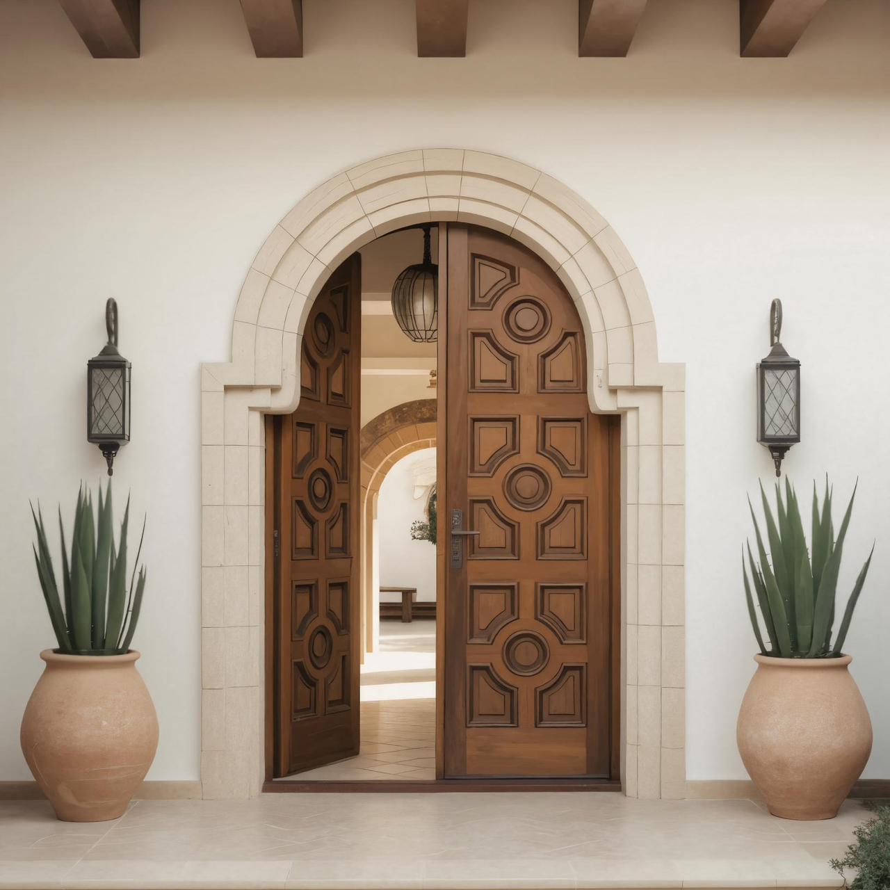 Mediterranean Double Entry Door With Geometric Panels For Spanish Home