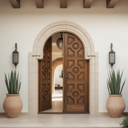 Mediterranean Double Entry Door With Geometric Panels For Spanish Home