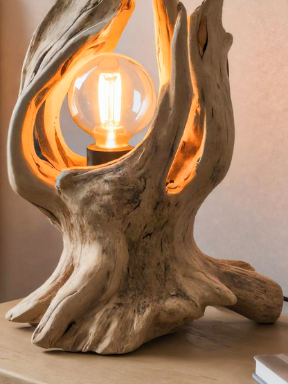 Rustic Driftwood Table Lamp With Exposed Bulb For Bedroom Or Living Room