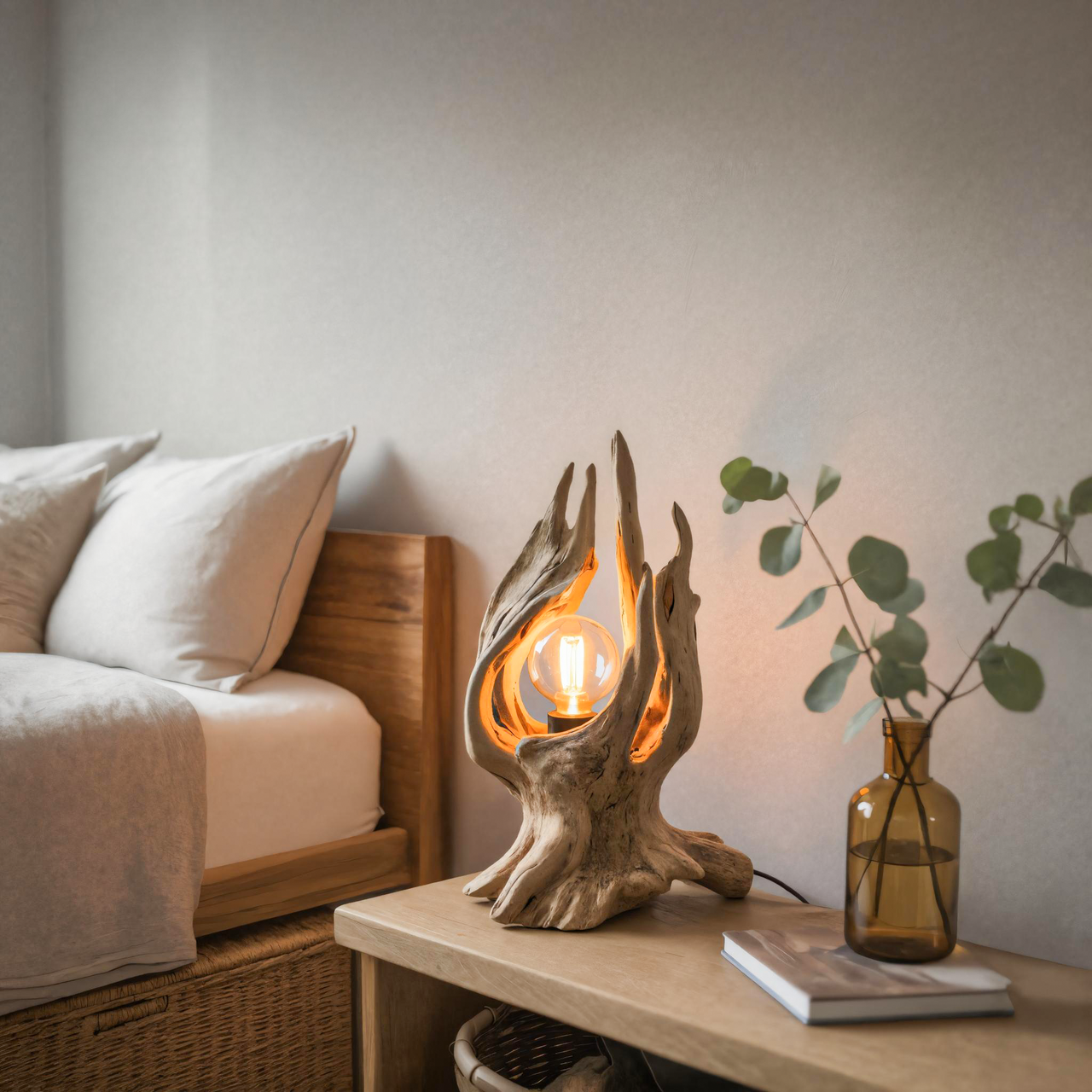 Rustic Driftwood Table Lamp With Exposed Bulb For Bedroom Or Living Room