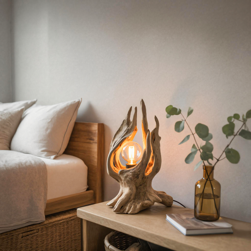 Rustic Driftwood Table Lamp With Exposed Bulb For Bedroom Or Living Room