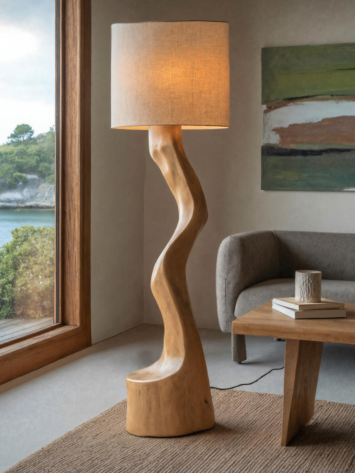 Rustic Sculptural Floor Lamp With Curved Base For Bedroom
