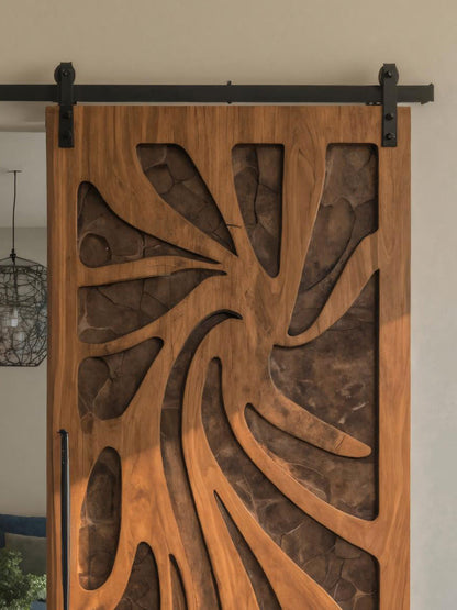 Artistic Sliding Door With Layered Carved Design For Interior