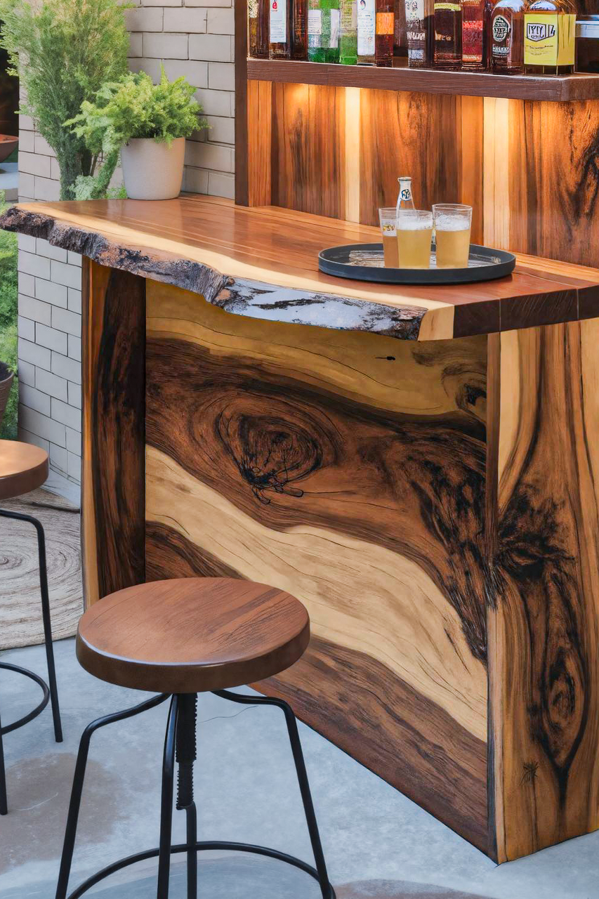Rustic Live Edge Outdoor Bar Counter With Shelves For Patio