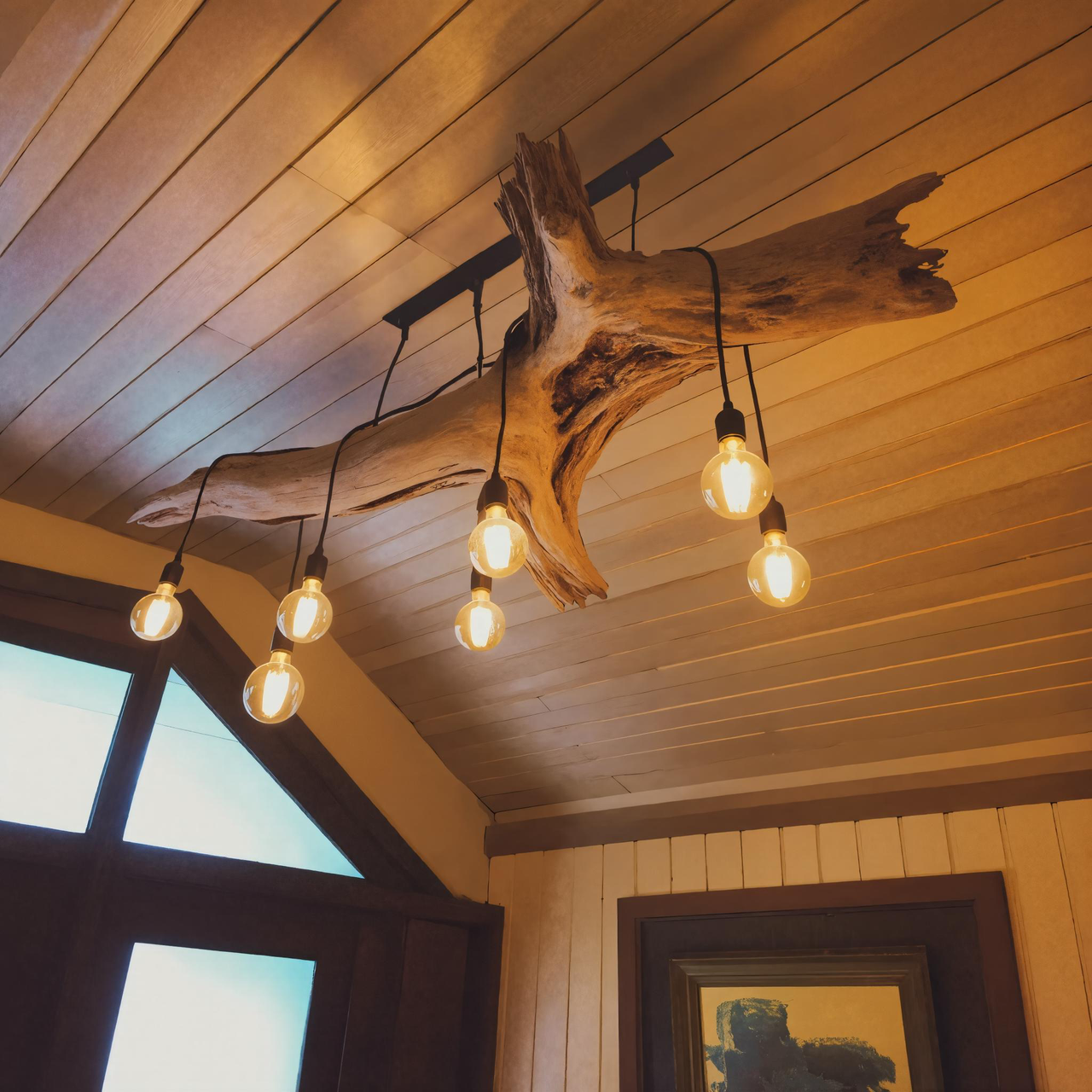 Rustic Log Chandelier With Edison Bulbs For Cabin Or Dining Room