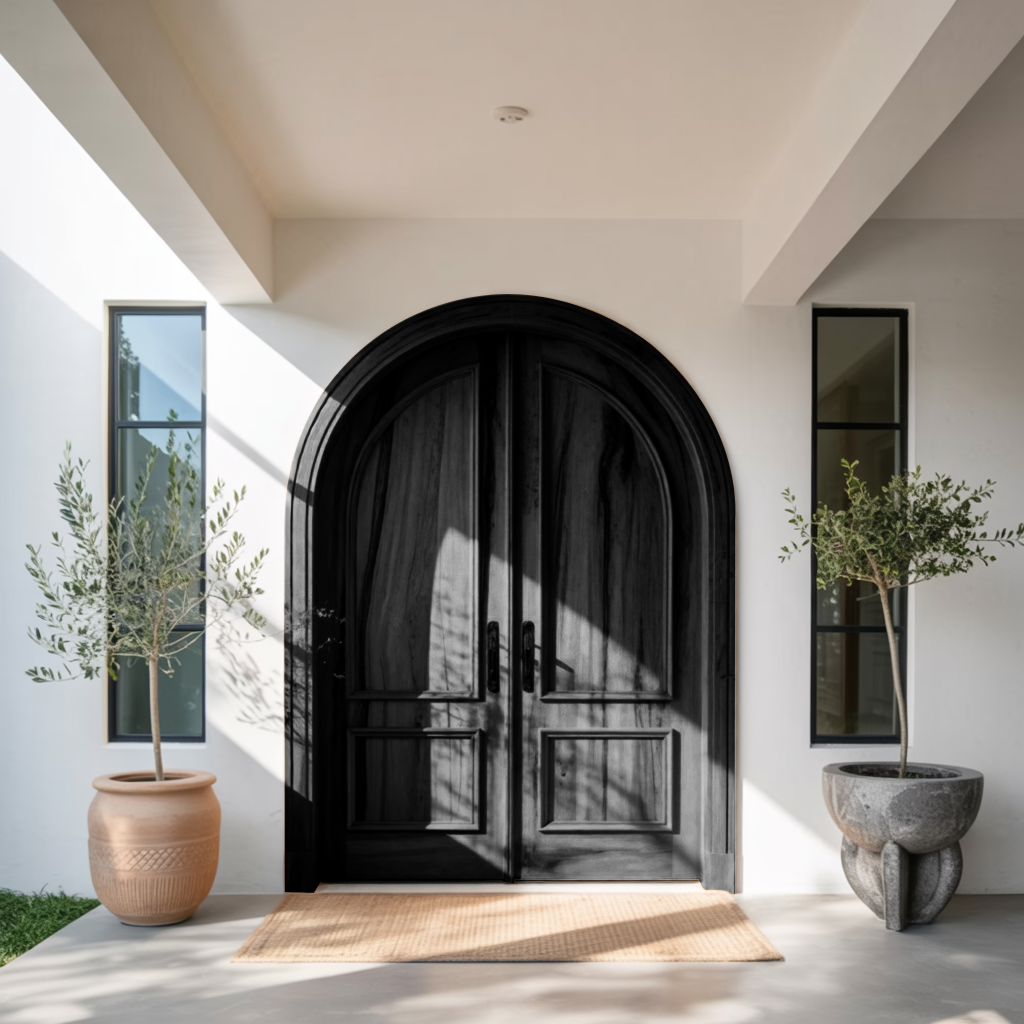 Elegant Arched Double Entry Door With Panels For Villa