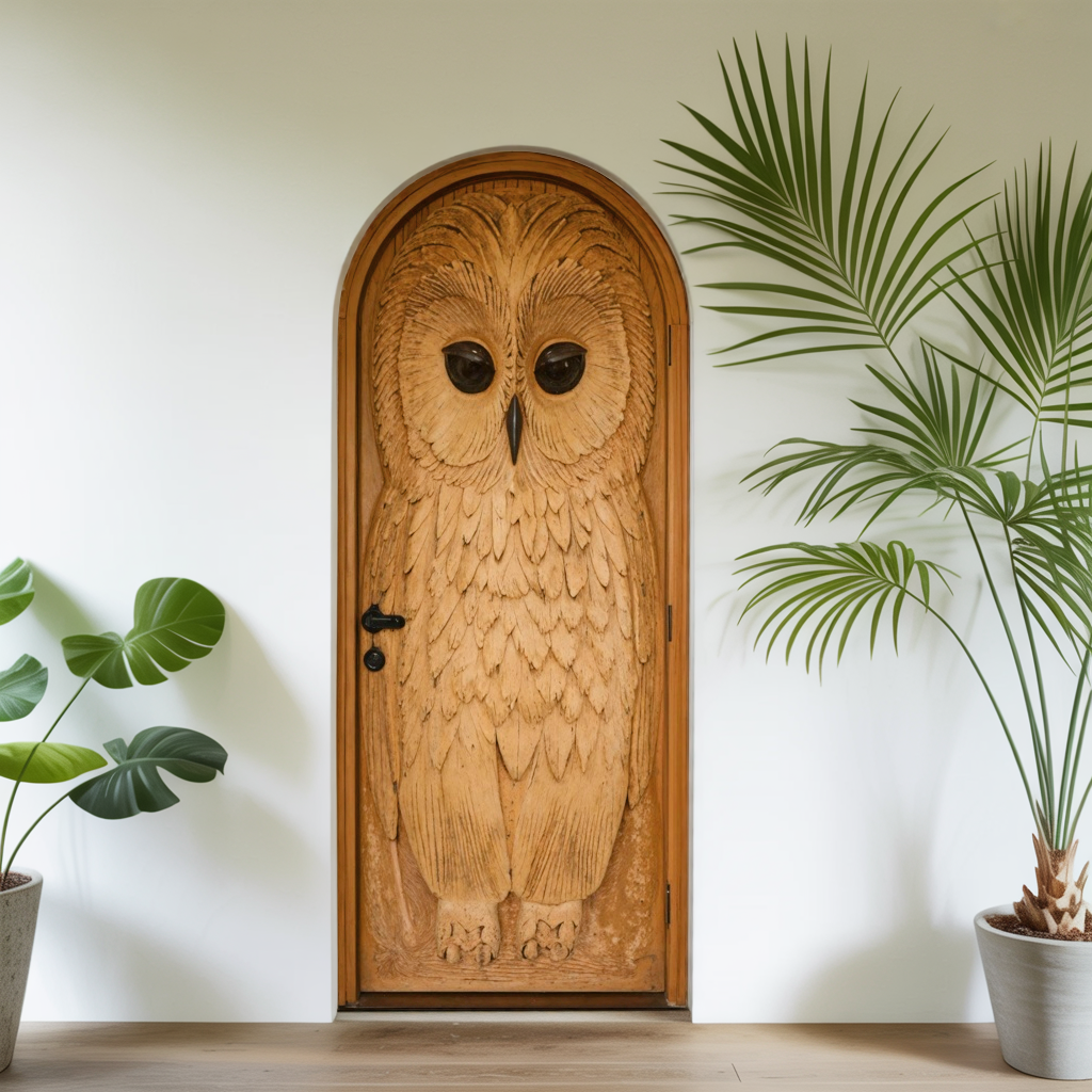 Whimsical Owl Carved Entry Door For Home Garden