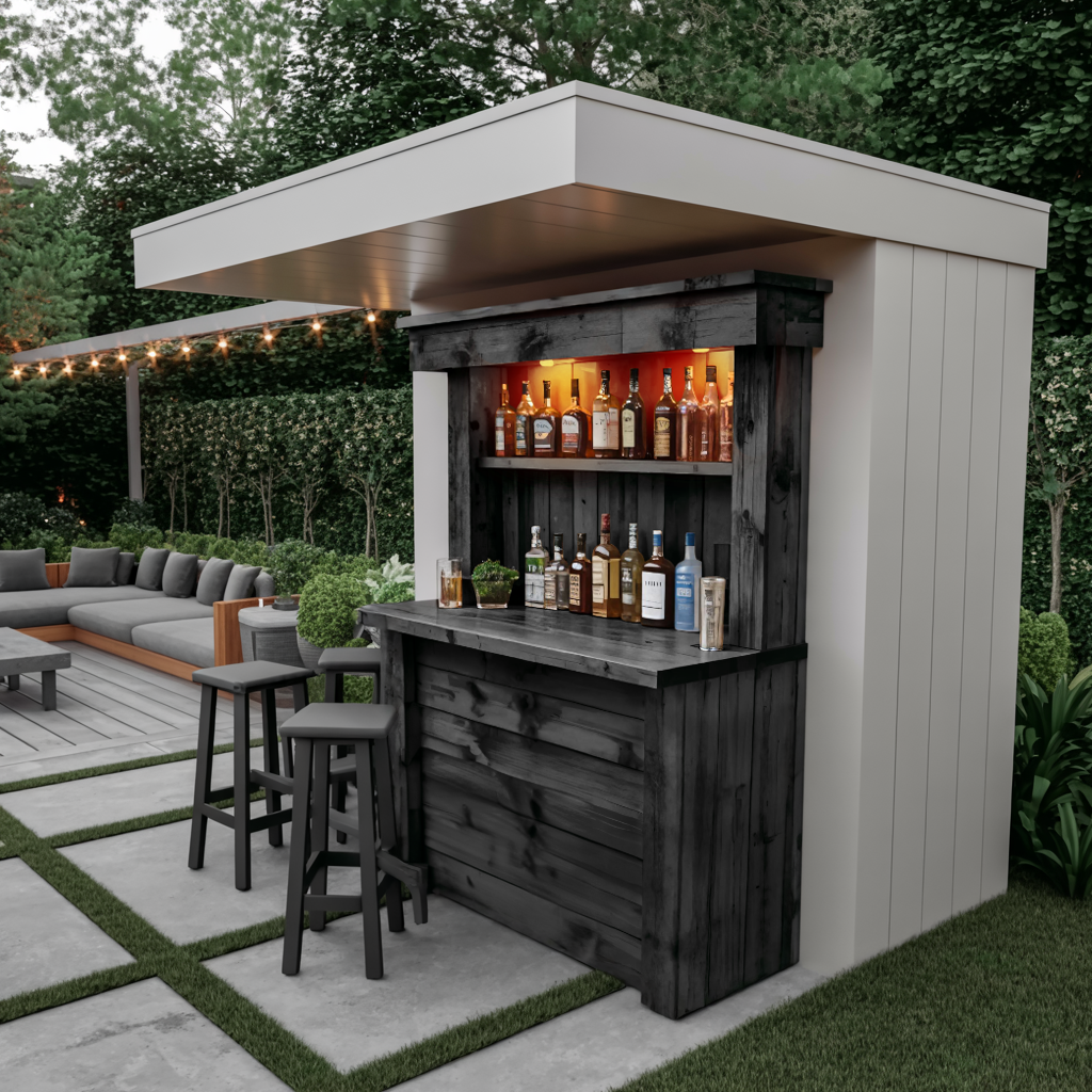 Rustic Wall Mounted Outdoor Bar With Shelves And Lights For Garden Or Patio