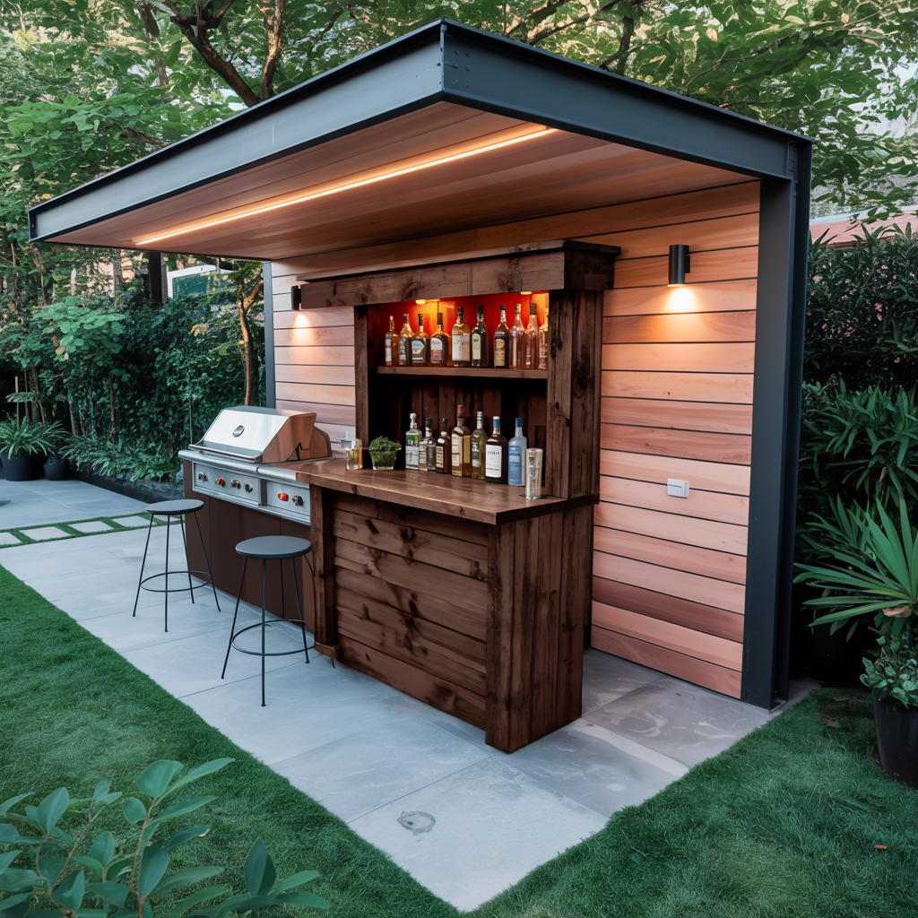 Rustic Wall Mounted Outdoor Bar With Shelves And Lights For Garden Or Patio
