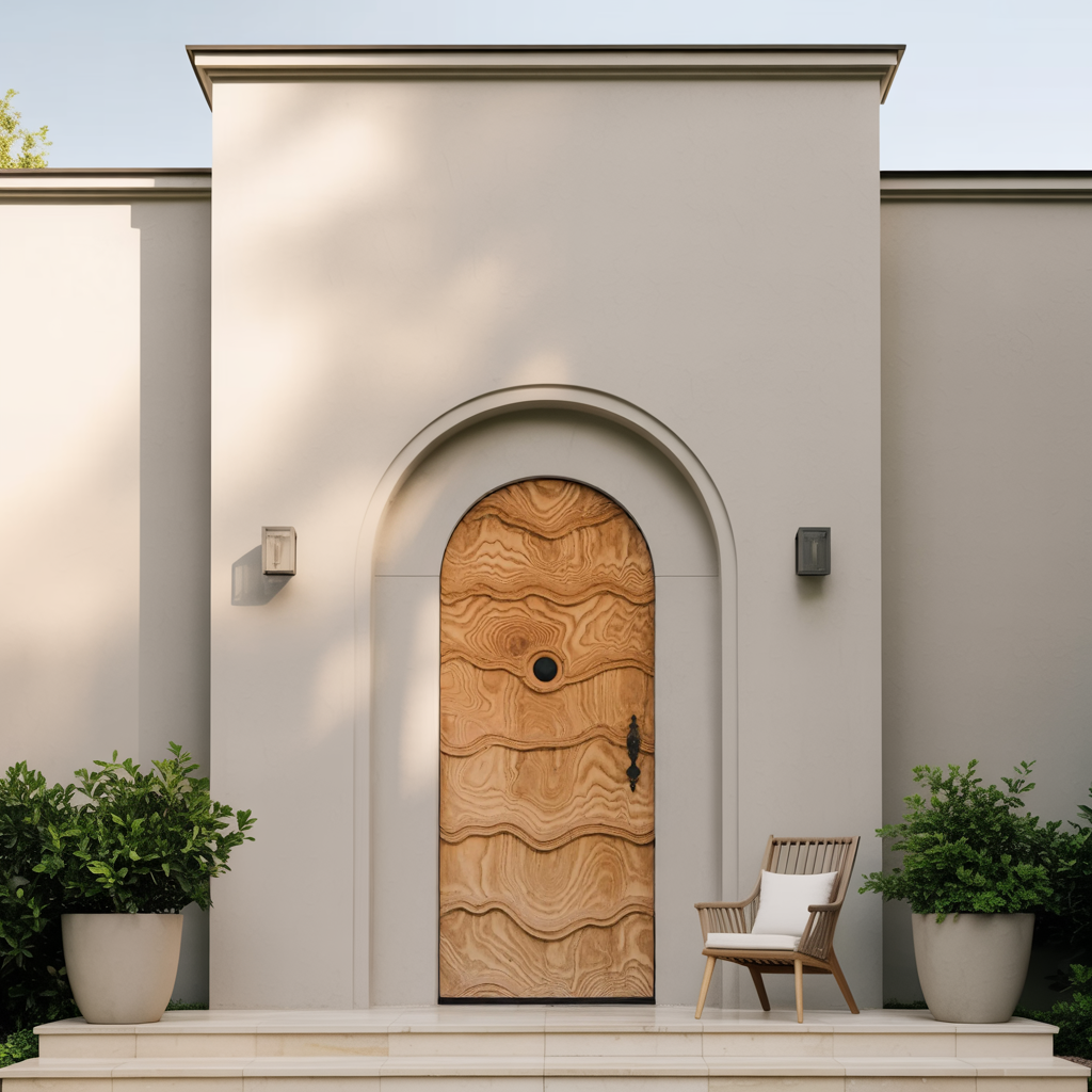 Artistic Arched Front Door With Carved Wave For Villa Or Architecture