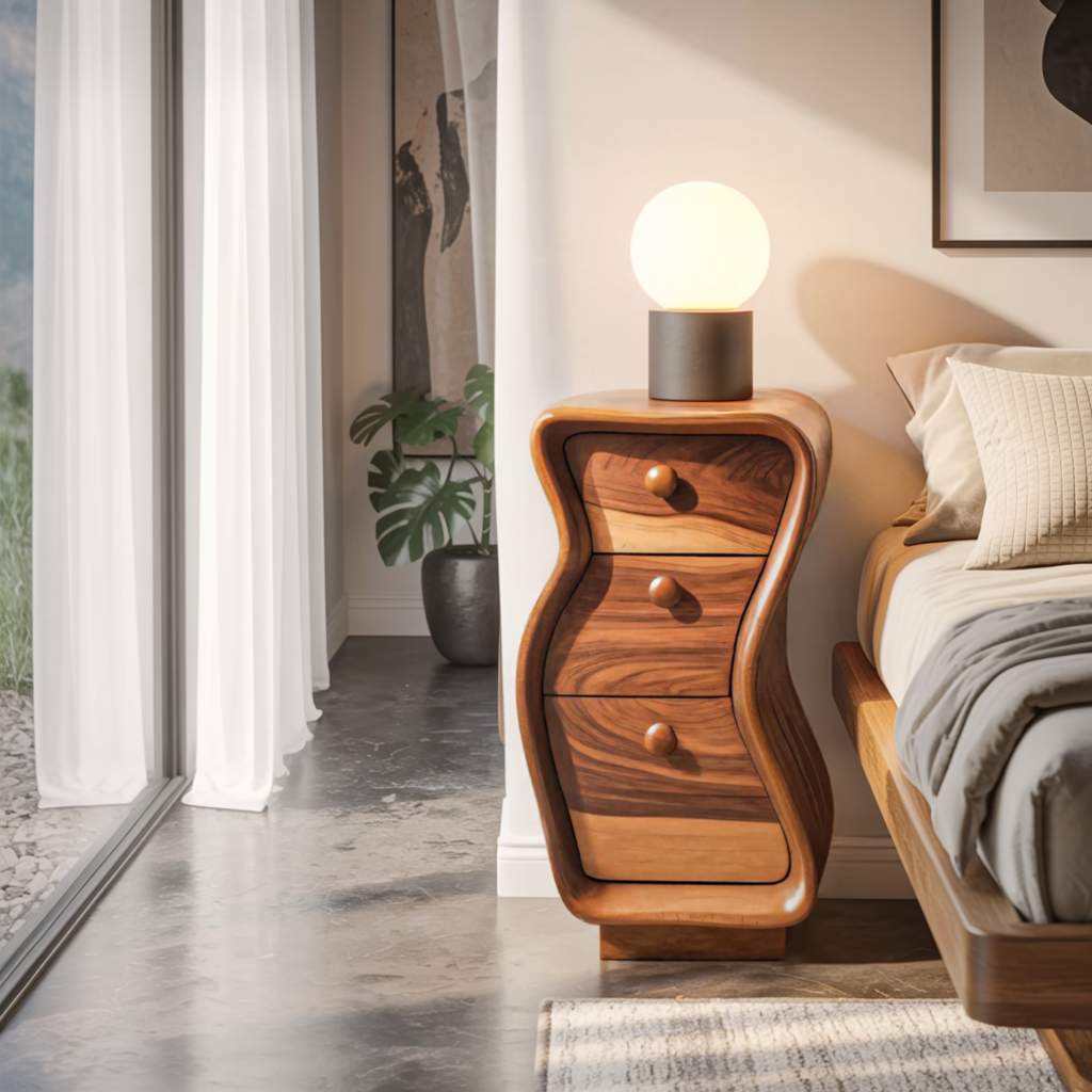 Wavy Sculpted Nightstand With Drawers For Bedroom And Contemporary Interior