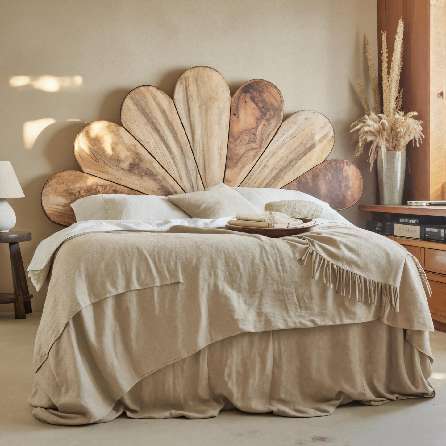 Boho Flower Petal Headboard Bed For Queen And King Bedroom