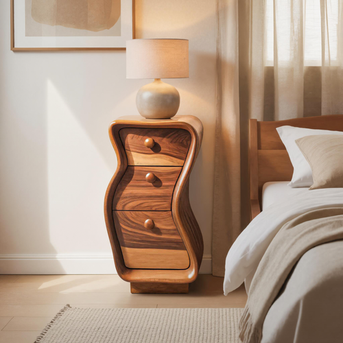 Wavy Sculpted Nightstand With Drawers For Bedroom And Contemporary Interior