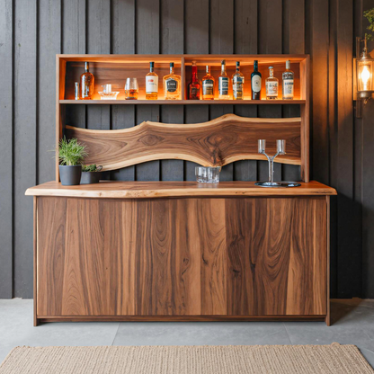Modern Live Edge Indoor Bar Table With Wave Shelf For Home Lounge