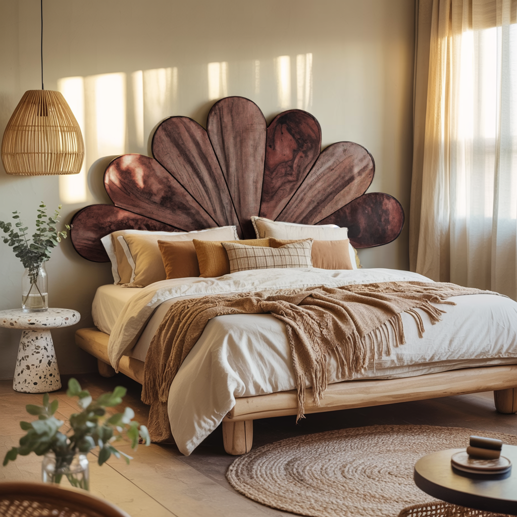 Boho Flower Petal Headboard Bed For Queen And King Bedroom