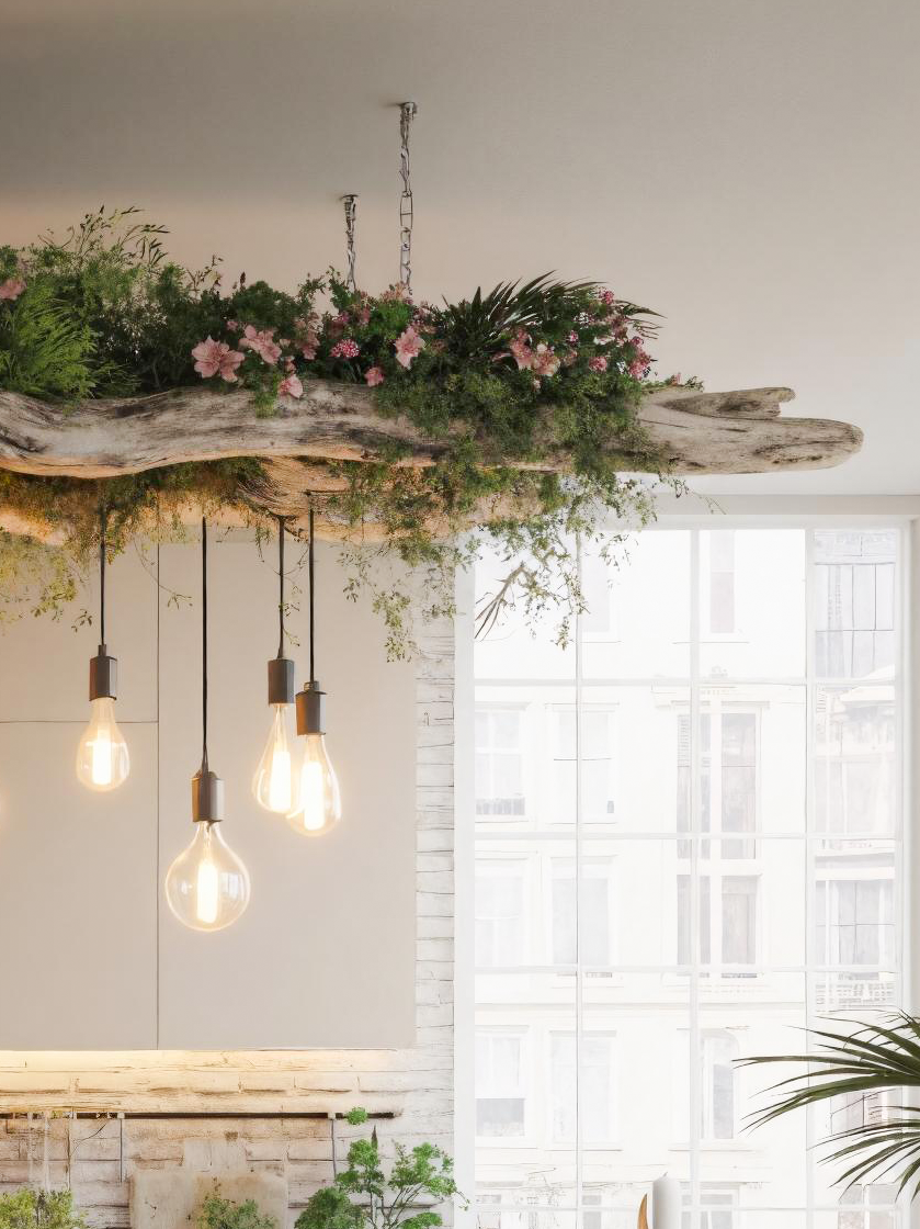 Rustic Driftwood Ceiling Light With Hanging Bulbs For Dining Room