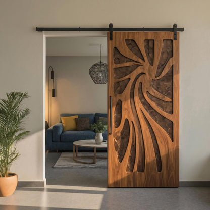 Artistic Sliding Door With Layered Carved Design For Interior