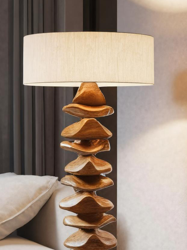 Handmade Sculptural Floor Lamp With Carved Base For Living Room