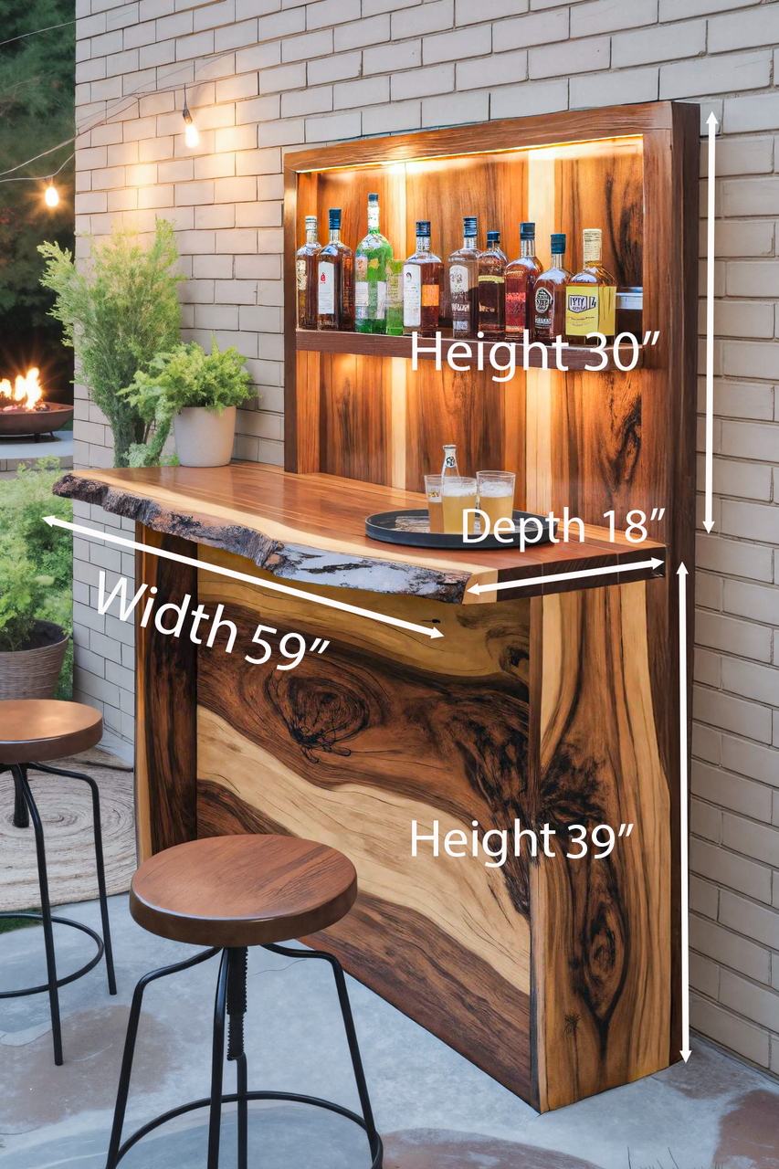 Rustic Live Edge Outdoor Bar Counter With Shelves For Patio