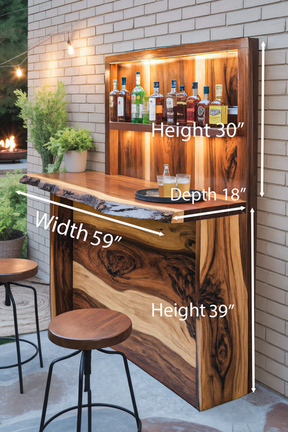 Rustic Live Edge Outdoor Bar Counter With Shelves For Patio