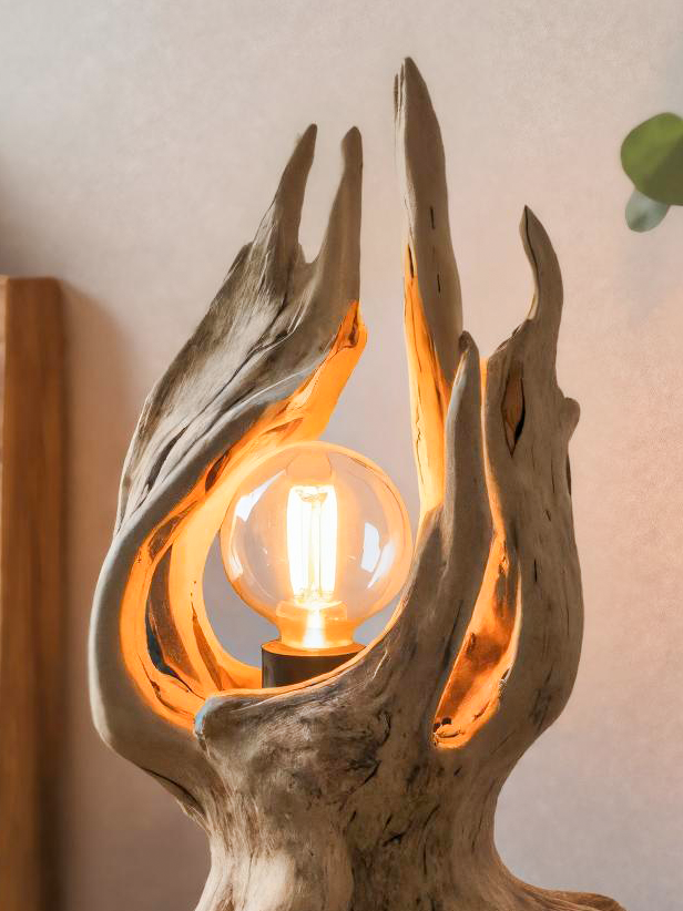 Rustic Driftwood Table Lamp With Exposed Bulb For Bedroom Or Living Room