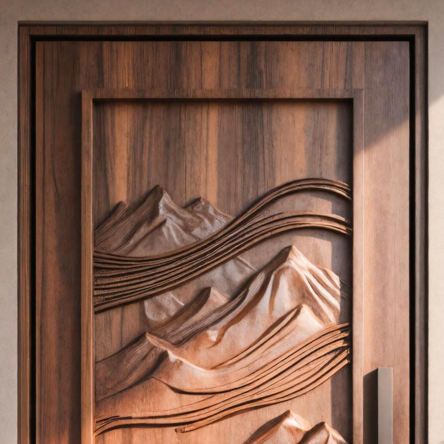 Rustic Carved Front Door With Mountain Design For Cabin Or Lodge