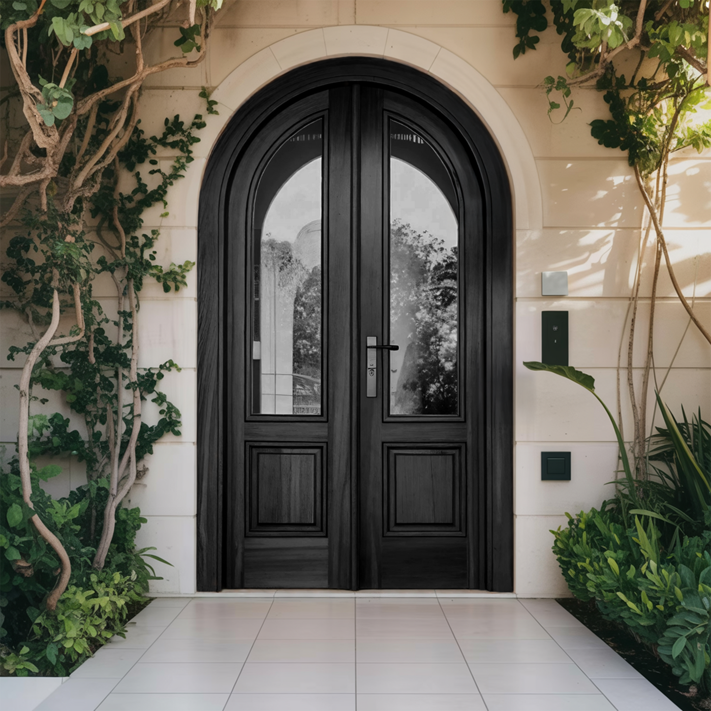 Arched Double Entry Door With Glass Panels For Mediterranean And Spanish Homes
