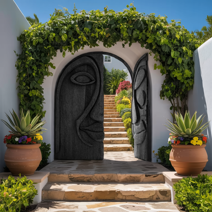 Artistic Face Carved Entry Door For Villa Entrance