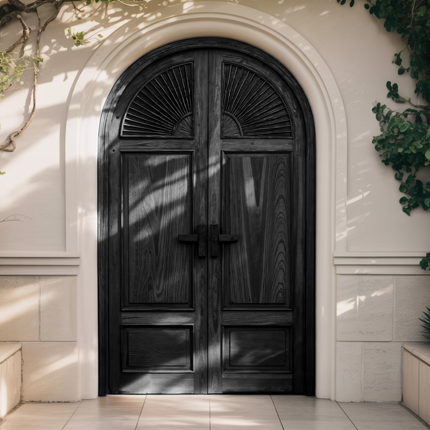 Mediterranean Arched Entry Door With Carved Sunburst For Garden And Villa