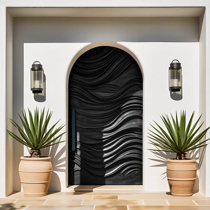 Artistic Arched Front Door With Wavy Sculpted Design For Villa