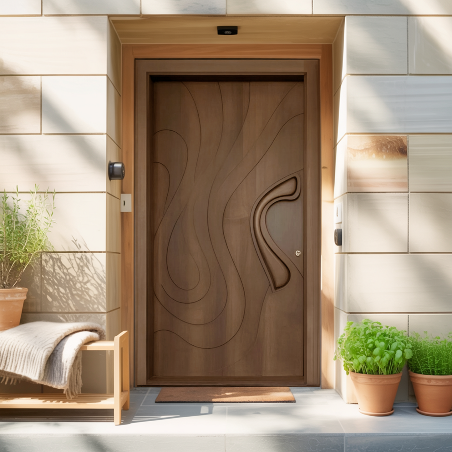 Modern Sculpted Front Door With Carved Design For Contemporary Entryway And Home
