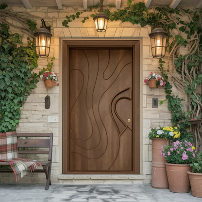 Modern Sculpted Door With Abstract Carving For Entryway And Contemporary Exterior