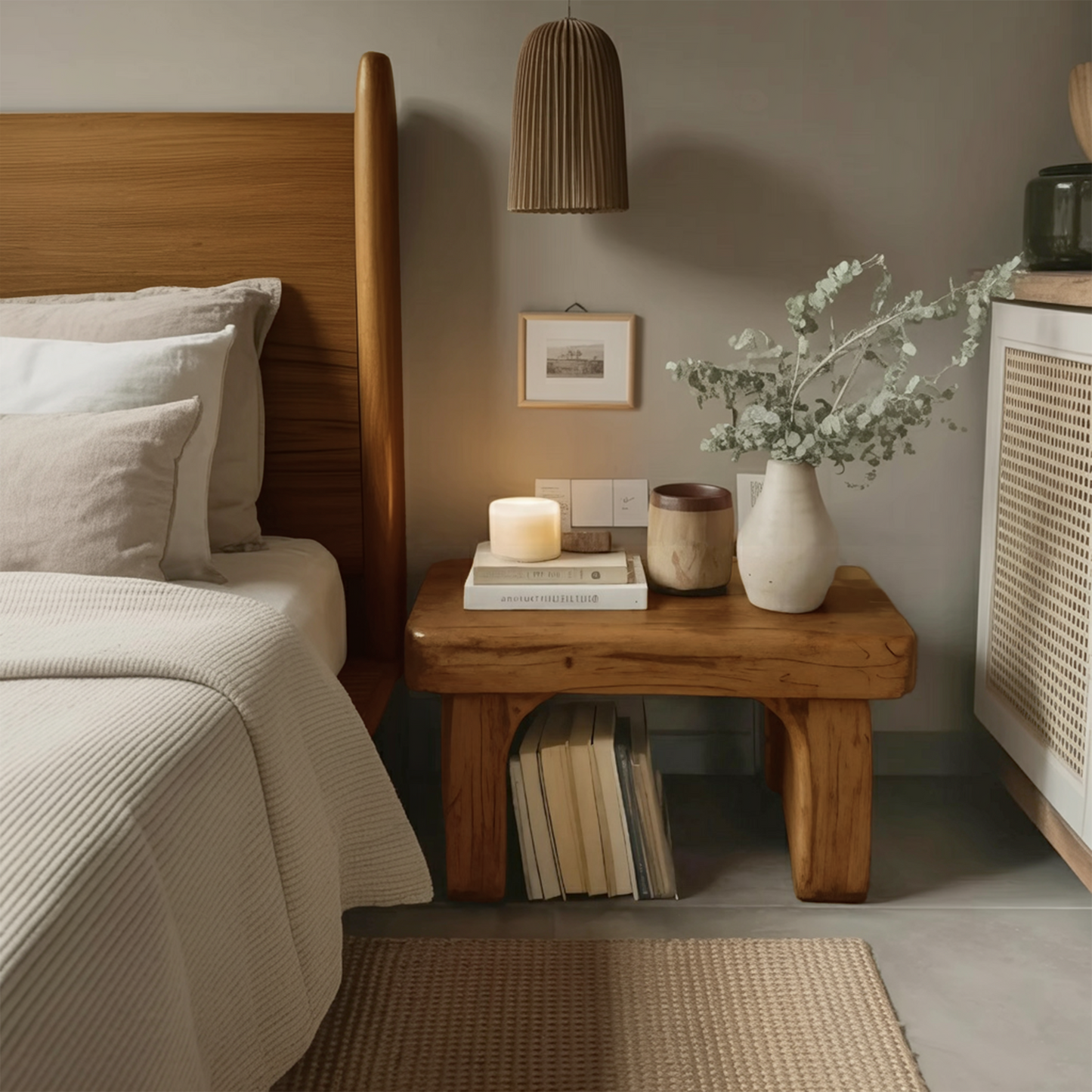 Rustic Nightstand Low Bedside Table With Shelf For Bedroom And Meditation