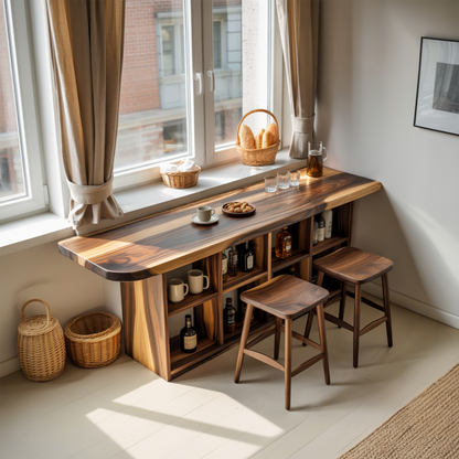 Curved Wood Bar Table With Storage For Kitchen Or Dining Area