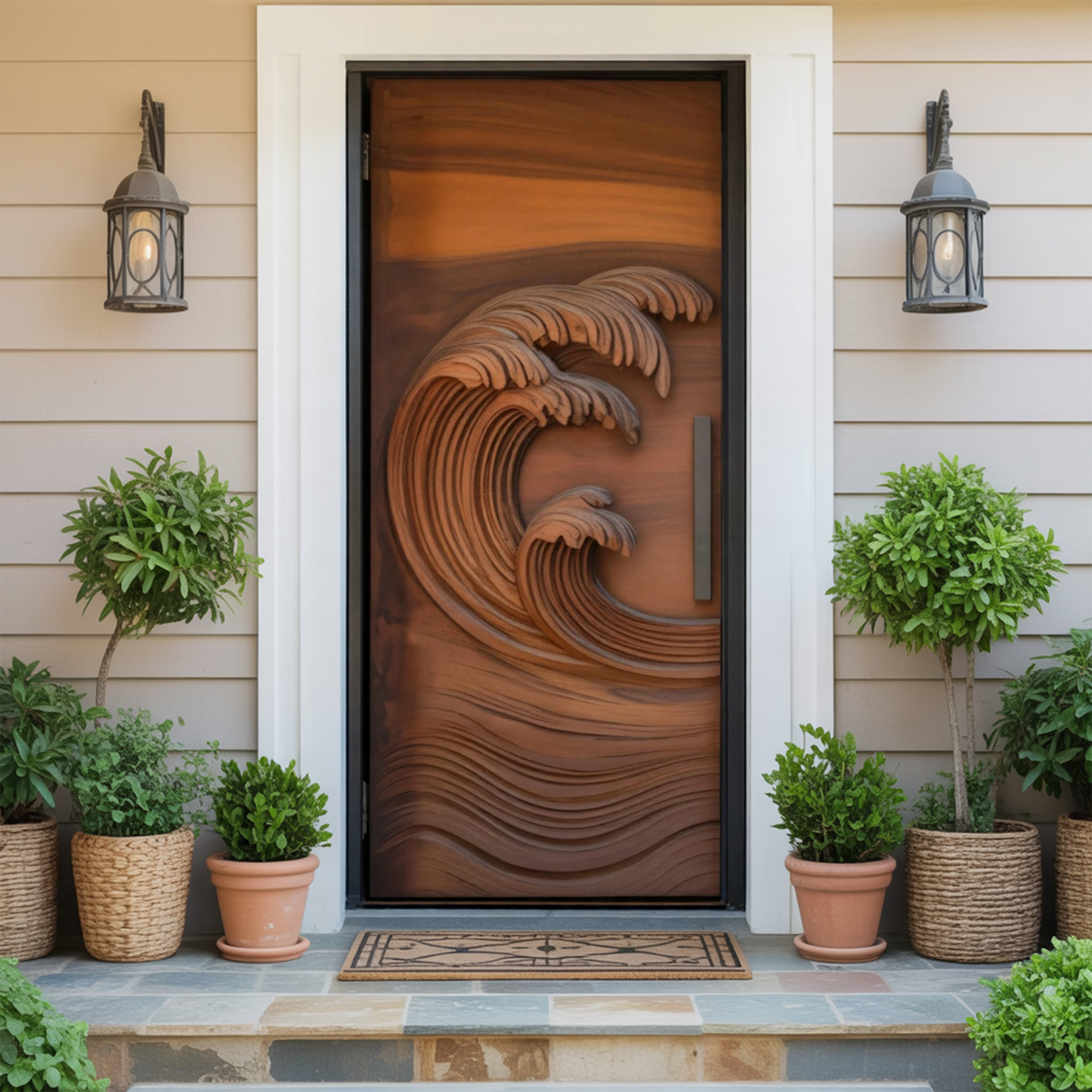 Coastal Wave Carved Door For Front Entrance And Modern Villa