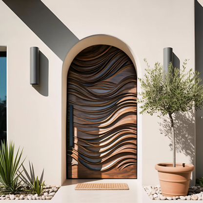 Artistic Arched Front Door With Wavy Sculpted Design For Villa