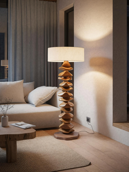 Handmade Sculptural Floor Lamp With Carved Base For Living Room