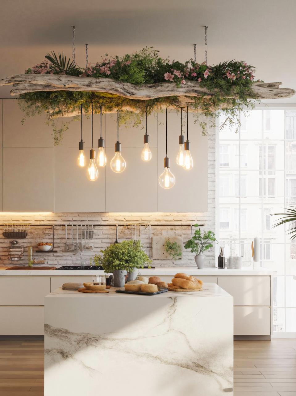 Rustic Driftwood Ceiling Light With Hanging Bulbs For Dining Room
