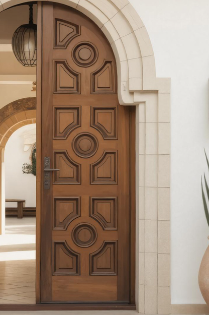 Mediterranean Double Entry Door With Geometric Panels For Spanish Home