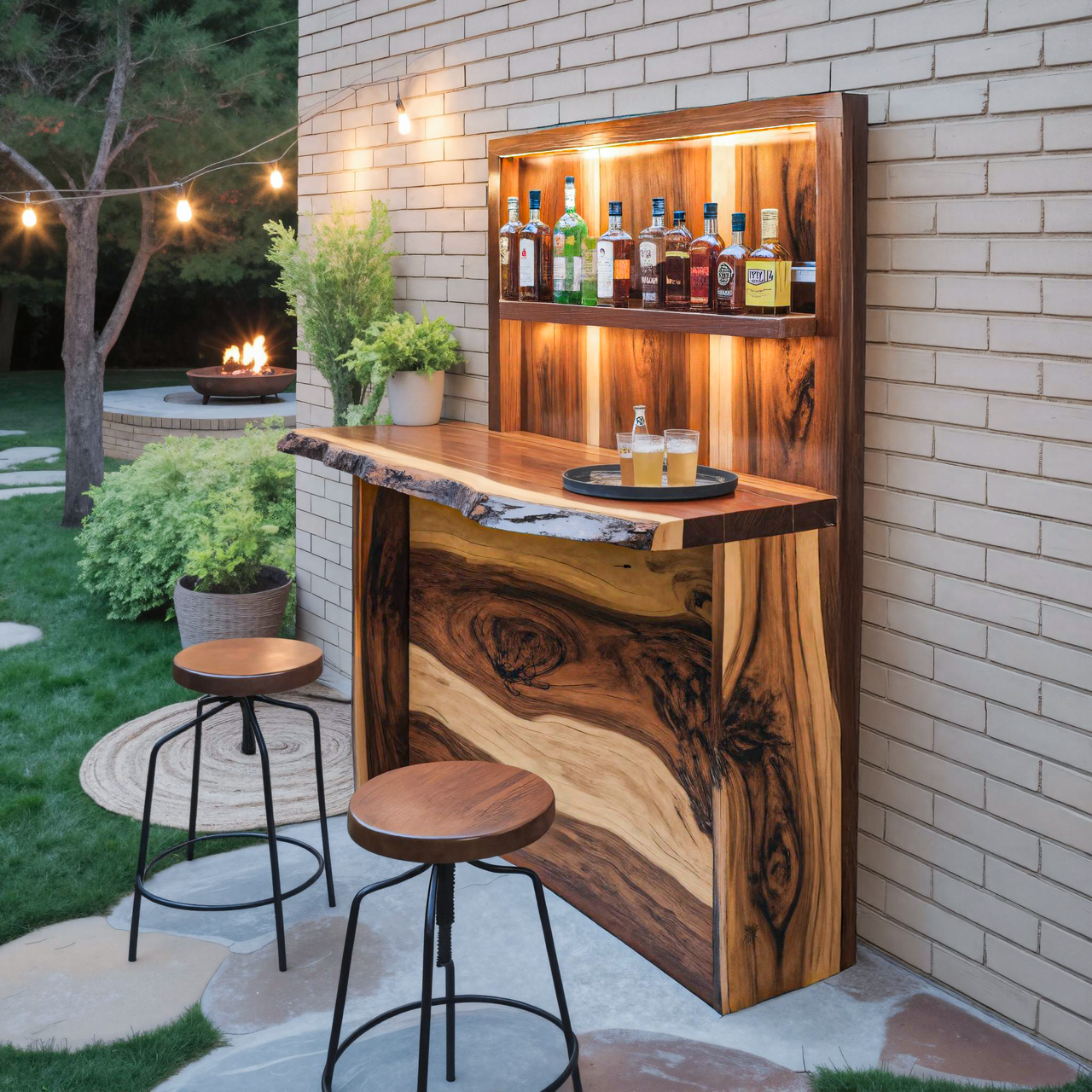 Rustic Live Edge Outdoor Bar Counter With Shelves For Patio