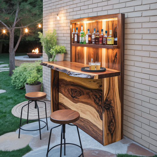 Rustic Live Edge Outdoor Bar Counter With Shelves For Patio