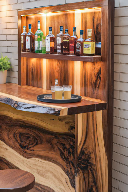 Rustic Live Edge Outdoor Bar Counter With Shelves For Patio