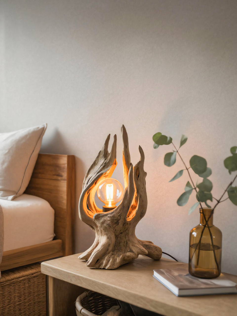Rustic Driftwood Table Lamp With Exposed Bulb For Bedroom Or Living Room